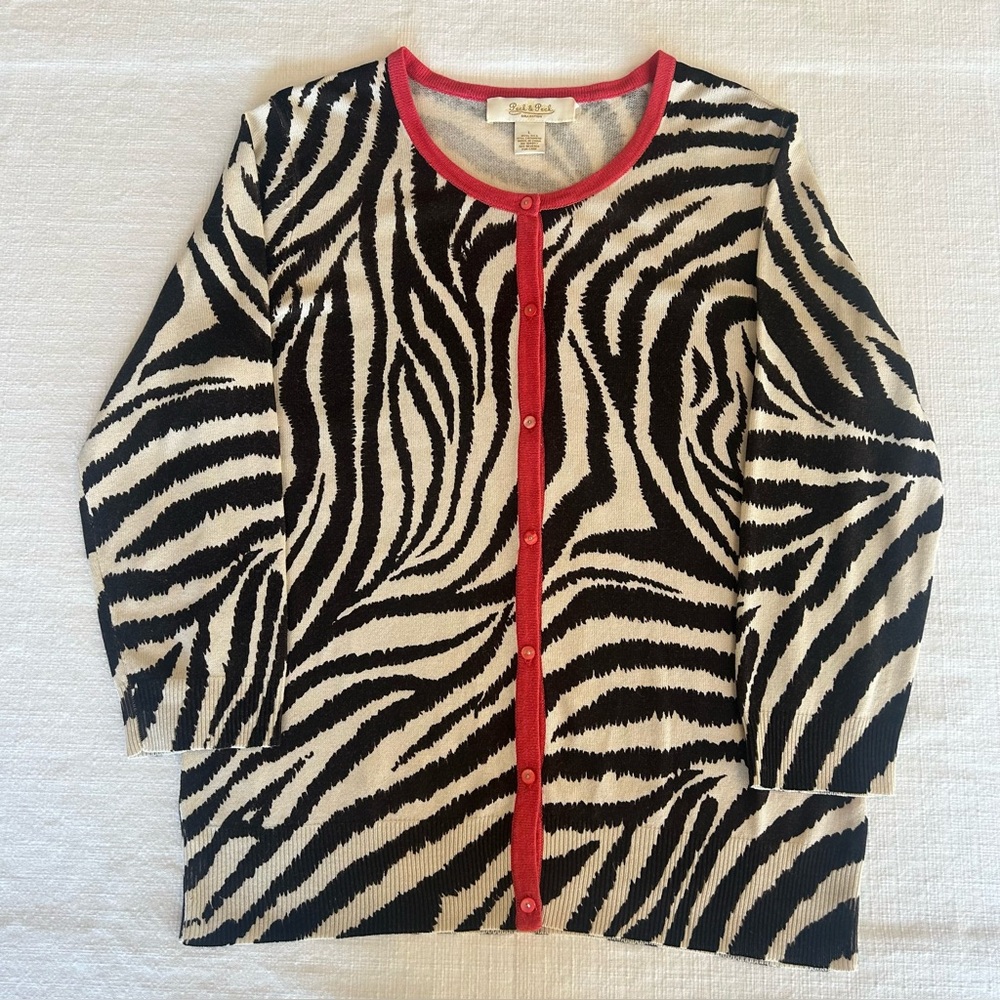 Peck & Peck Zebra Print Silk And Cashmere Cardigan Sweater Quarter Sleeve Size L